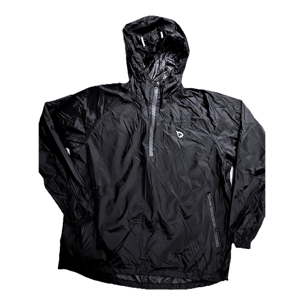 Black Nylon Quarter Zip Windbreaker Hooded Jacket Reflective Logo Mens L/XL